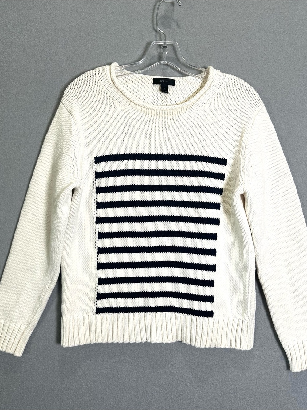 J. Crew White Knit Roll-Neck Sweater with Navy Striped Panel